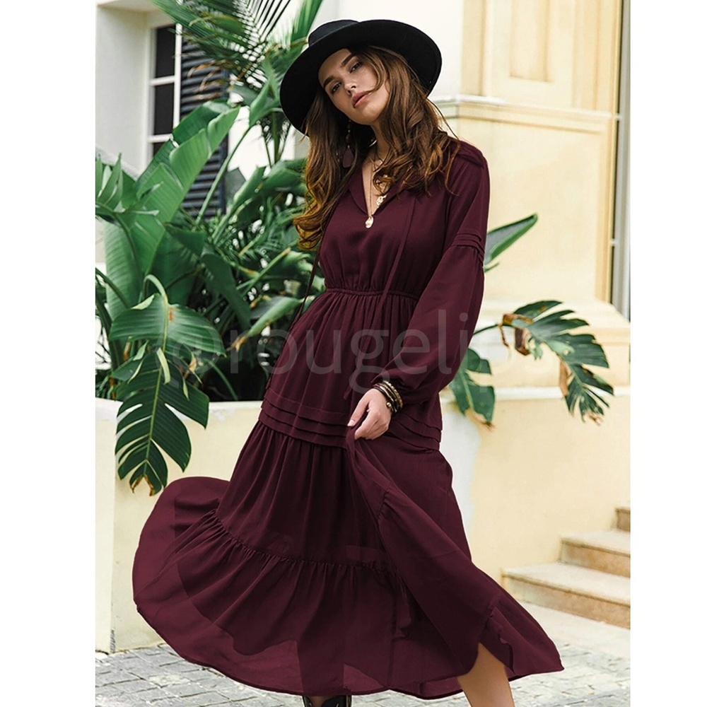 Burgundy Bohemian Maxi Dress Chiffon Neck Ties Long Sleeve Ruffle Hem Flowy